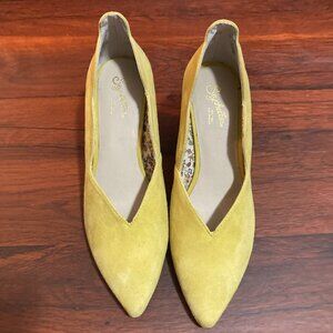 Anthropologie Seychelles Women Size 7 Yellow 3" Heel Suede Whimsical Spring Core